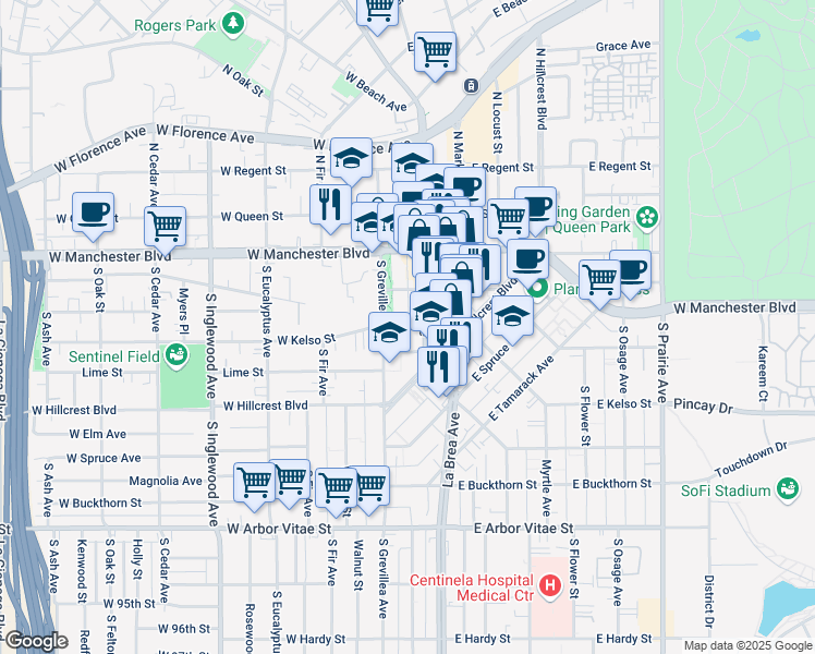 map of restaurants, bars, coffee shops, grocery stores, and more near 120 East Kelso Street in Inglewood