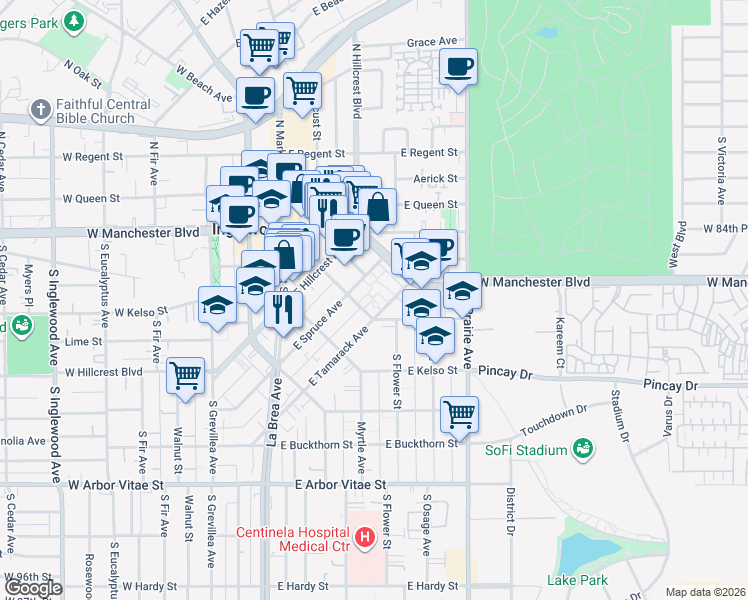 map of restaurants, bars, coffee shops, grocery stores, and more near 417 East Tamarack Avenue in Inglewood