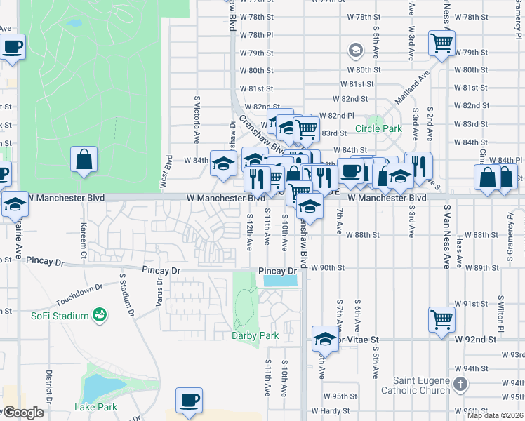 map of restaurants, bars, coffee shops, grocery stores, and more near in Inglewood