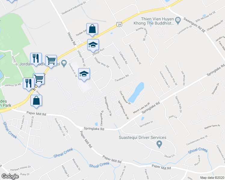 map of restaurants, bars, coffee shops, grocery stores, and more near 126 Springbottom Drive Southeast in Lawrenceville