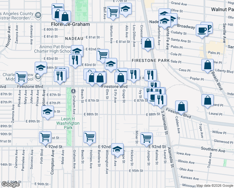 map of restaurants, bars, coffee shops, grocery stores, and more near 8622 South Fir Avenue in Los Angeles