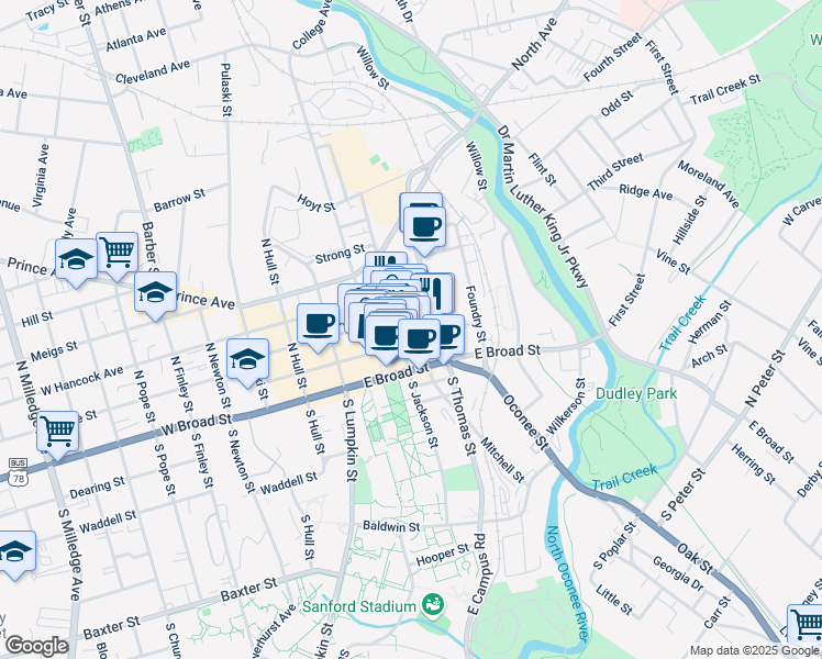 map of restaurants, bars, coffee shops, grocery stores, and more near 361 East Clayton Street in Athens