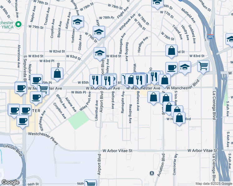map of restaurants, bars, coffee shops, grocery stores, and more near in Los Angeles County