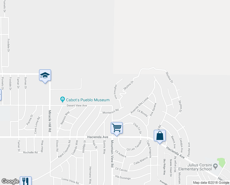 map of restaurants, bars, coffee shops, grocery stores, and more near Highland Avenue in Desert Hot Springs