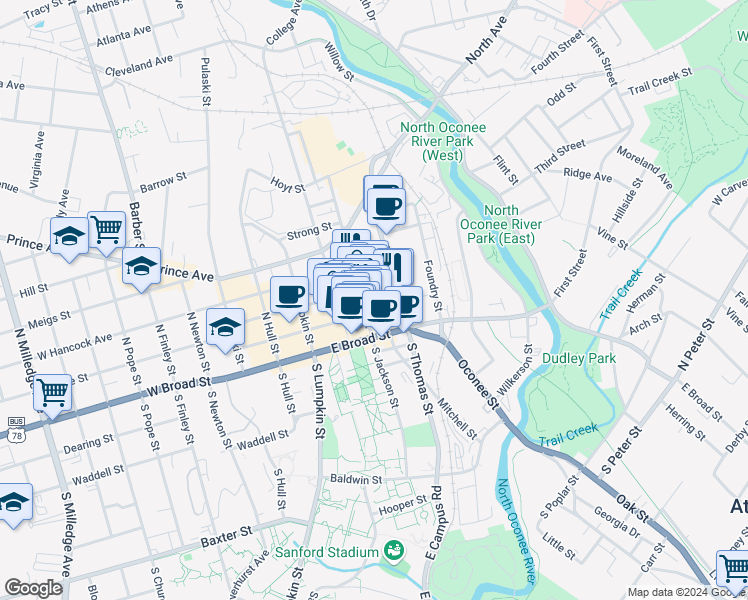 map of restaurants, bars, coffee shops, grocery stores, and more near 325 East Washington Street in Athens
