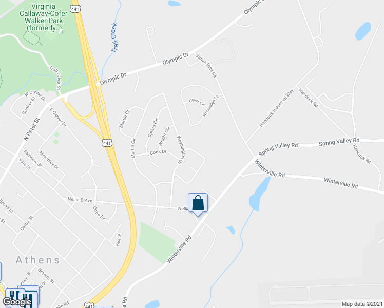 map of restaurants, bars, coffee shops, grocery stores, and more near 305 Kennedy Circle in Athens