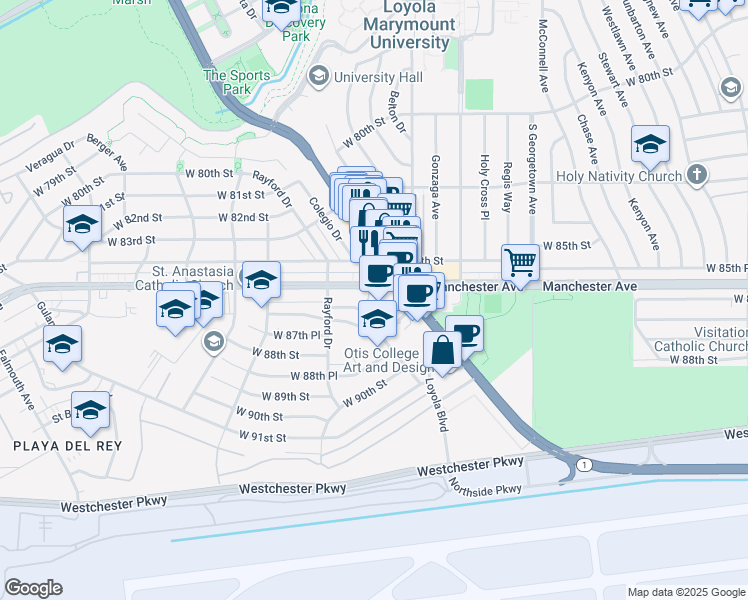 map of restaurants, bars, coffee shops, grocery stores, and more near 7241 West Manchester Avenue in Los Angeles