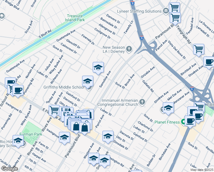 map of restaurants, bars, coffee shops, grocery stores, and more near 9533 Paramount Boulevard in Downey
