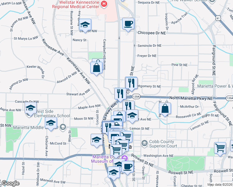 map of restaurants, bars, coffee shops, grocery stores, and more near 309 Church Street in Marietta