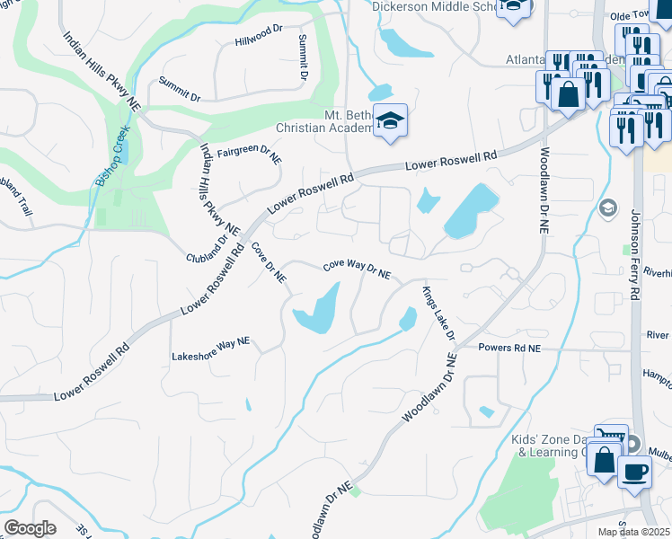 map of restaurants, bars, coffee shops, grocery stores, and more near 4325 Cove Way Northeast in Marietta