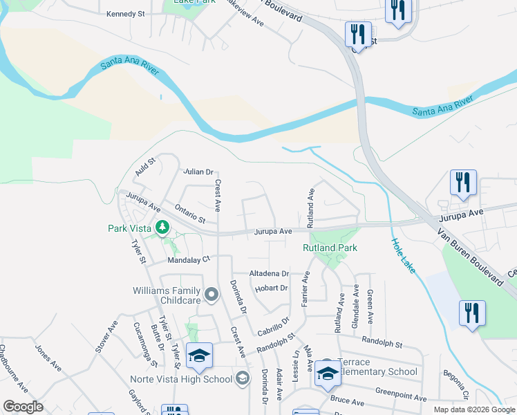 map of restaurants, bars, coffee shops, grocery stores, and more near 9623 Lasorda Court in Riverside