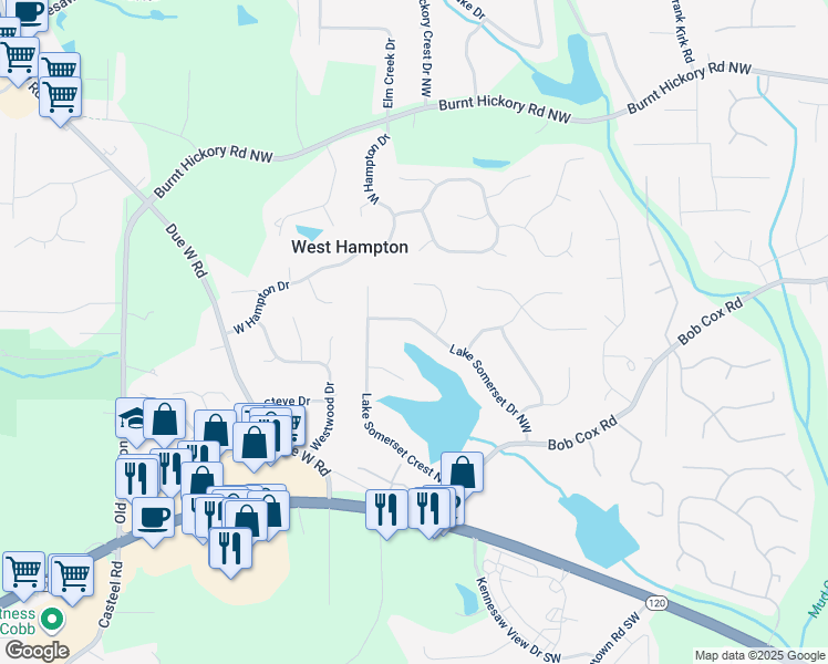 map of restaurants, bars, coffee shops, grocery stores, and more near 243 Lake Somerset Drive in Marietta