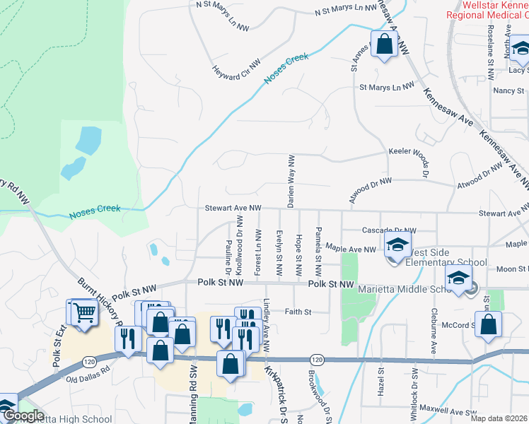 map of restaurants, bars, coffee shops, grocery stores, and more near 189 Forest Lane Northwest in Marietta