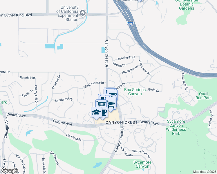 map of restaurants, bars, coffee shops, grocery stores, and more near 4995-4999 Canyon Crest Drive in Riverside