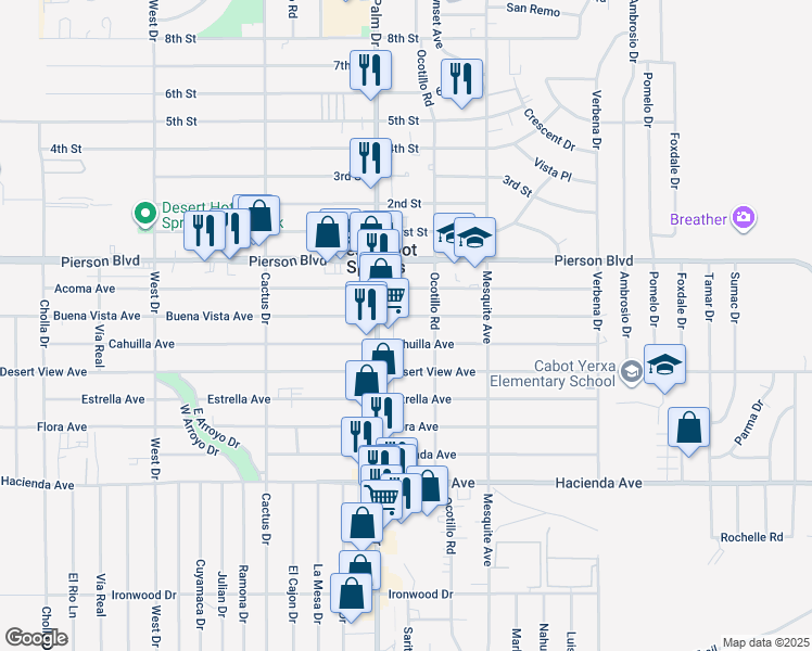 map of restaurants, bars, coffee shops, grocery stores, and more near 66530 Buena Vista Avenue in Desert Hot Springs
