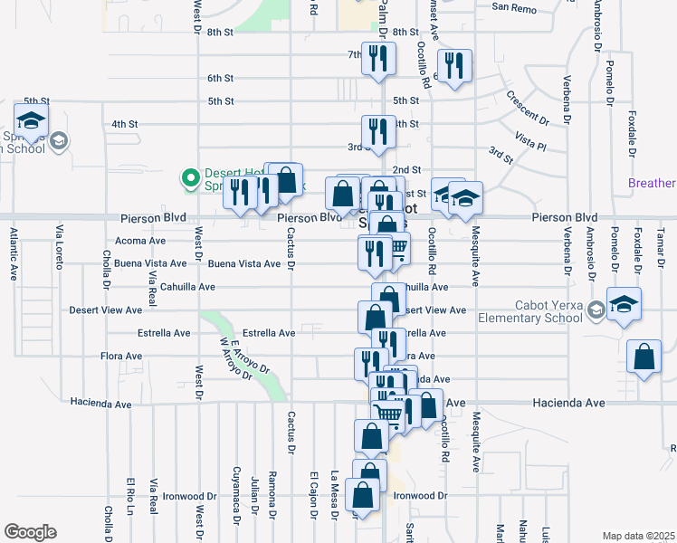map of restaurants, bars, coffee shops, grocery stores, and more near 66378 Buena Vista Avenue in Desert Hot Springs