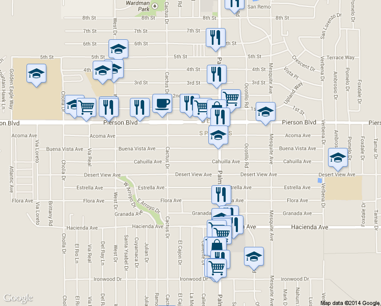 map of restaurants, bars, coffee shops, grocery stores, and more near 66378 Buena Vista Avenue in Desert Hot Springs