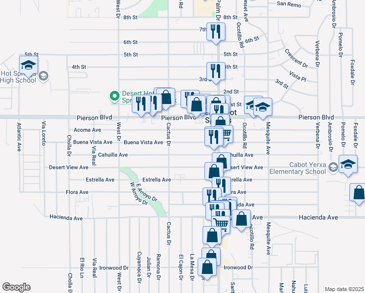 map of restaurants, bars, coffee shops, grocery stores, and more near 66283 Acoma Avenue in Desert Hot Springs