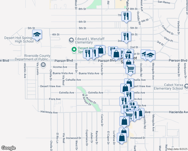 map of restaurants, bars, coffee shops, grocery stores, and more near 66212 Buena Vista Avenue in Desert Hot Springs