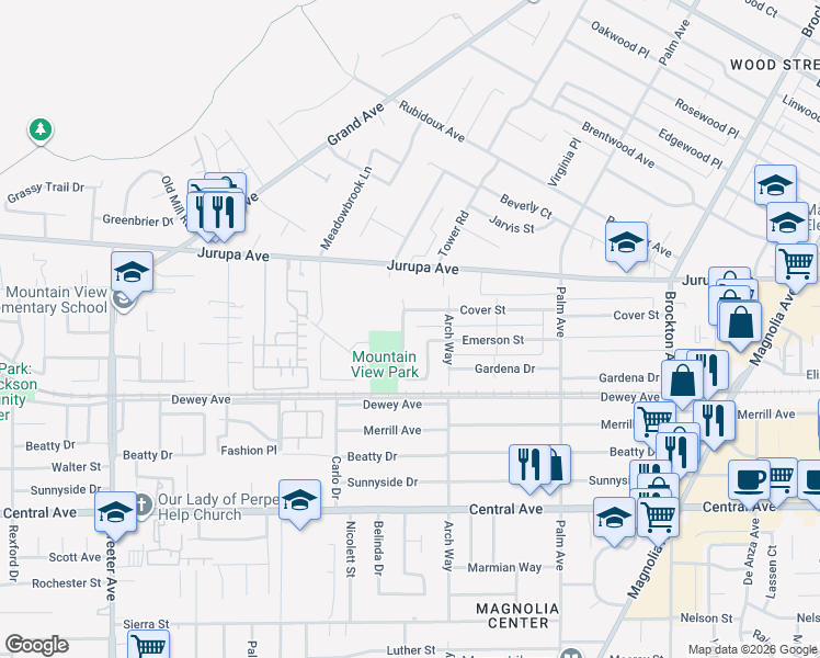 map of restaurants, bars, coffee shops, grocery stores, and more near 4743 Cover Street in Riverside
