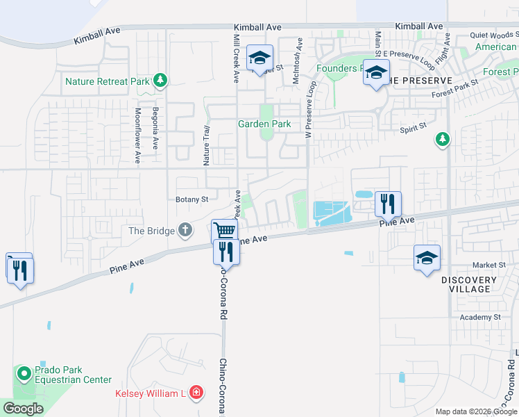 map of restaurants, bars, coffee shops, grocery stores, and more near 16180 Compass Avenue in Chino