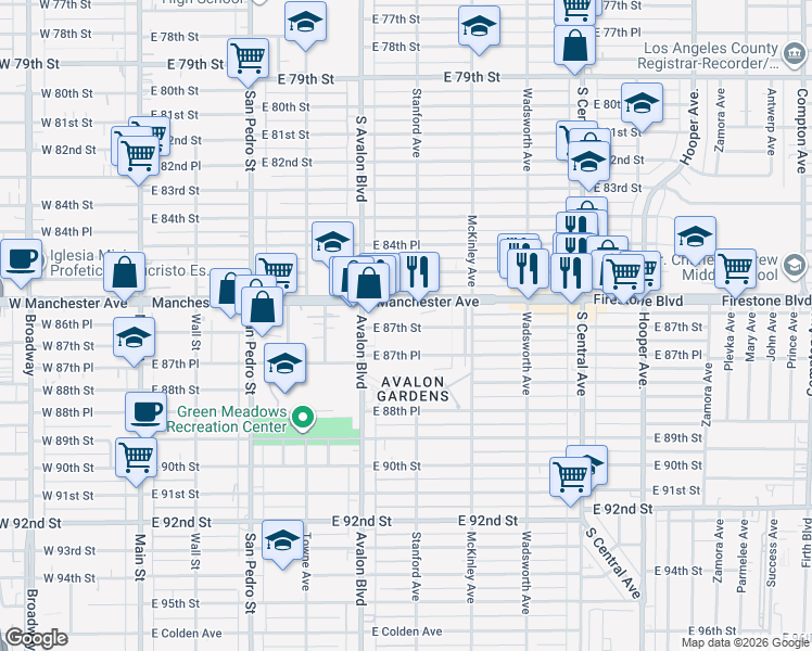 map of restaurants, bars, coffee shops, grocery stores, and more near 660 East Manchester Avenue in Los Angeles