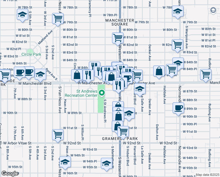 map of restaurants, bars, coffee shops, grocery stores, and more near 1865 West Manchester Avenue in Los Angeles