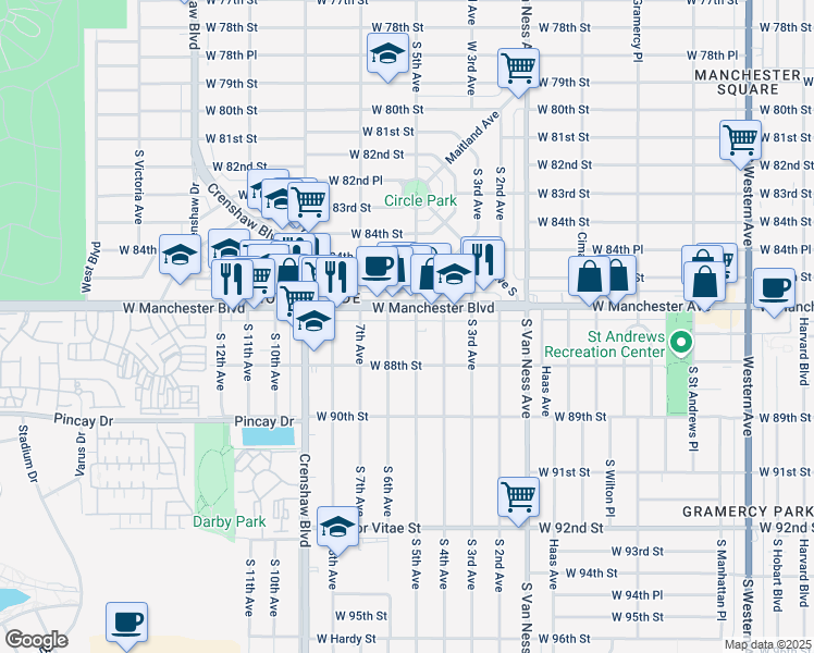 map of restaurants, bars, coffee shops, grocery stores, and more near 2635 West Manchester Boulevard in Inglewood