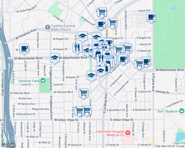 map of restaurants, bars, coffee shops, grocery stores, and more near 317 South La Brea Avenue in Inglewood