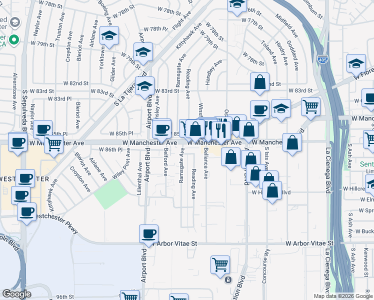 map of restaurants, bars, coffee shops, grocery stores, and more near 5738 West 85th Place in Los Angeles