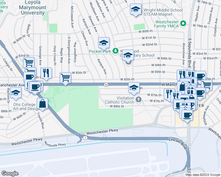 map of restaurants, bars, coffee shops, grocery stores, and more near 6680 West 85th Place in Los Angeles