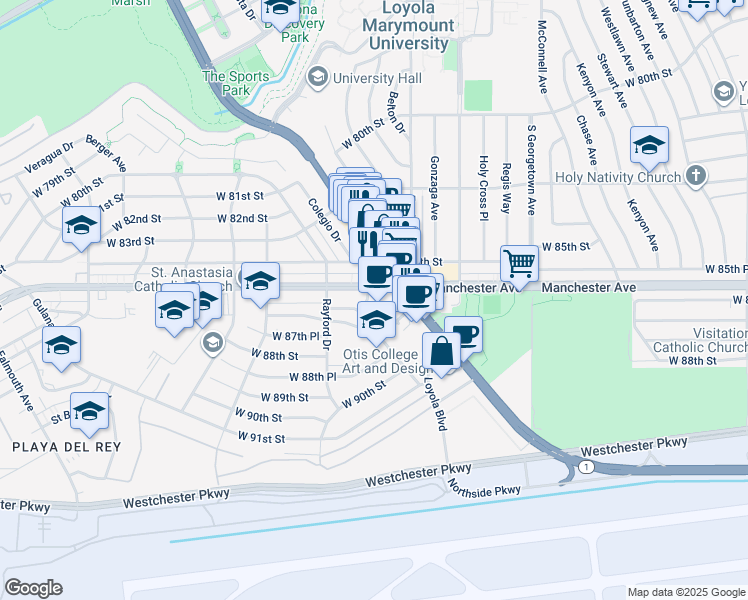 map of restaurants, bars, coffee shops, grocery stores, and more near 7241 West Manchester Avenue in Los Angeles