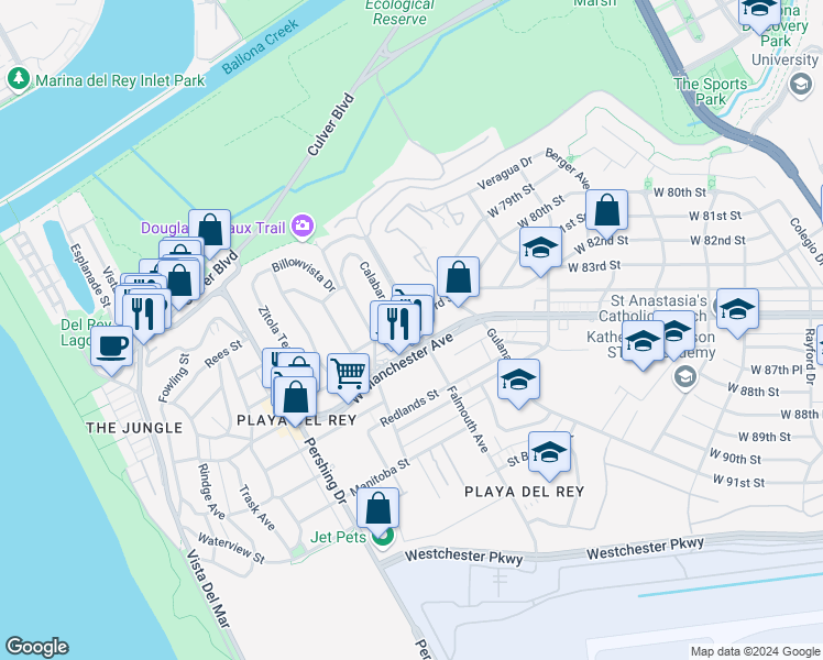 map of restaurants, bars, coffee shops, grocery stores, and more near 8234 Calabar Avenue in Los Angeles
