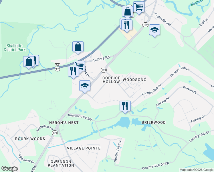 map of restaurants, bars, coffee shops, grocery stores, and more near 522 Columbus Road in Shallotte