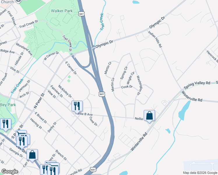 map of restaurants, bars, coffee shops, grocery stores, and more near 115 Martin Court in Athens