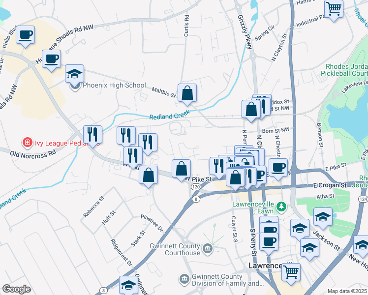 map of restaurants, bars, coffee shops, grocery stores, and more near 255 Honeysuckle Circle in Lawrenceville