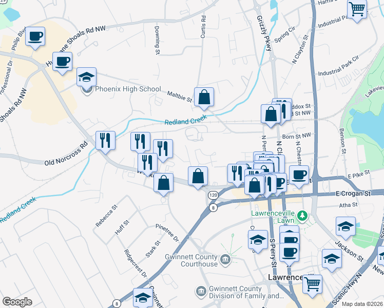 map of restaurants, bars, coffee shops, grocery stores, and more near 255 Honeysuckle Circle in Lawrenceville
