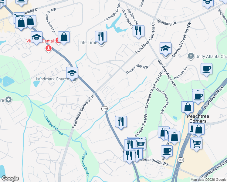 map of restaurants, bars, coffee shops, grocery stores, and more near 3683 Madrid Circle Northwest in Norcross