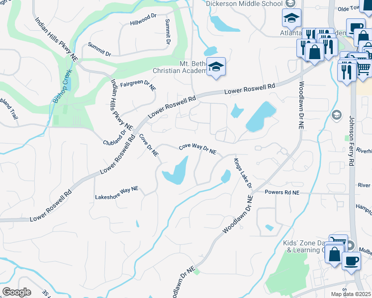 map of restaurants, bars, coffee shops, grocery stores, and more near 4325 Cove Way Northeast in Marietta
