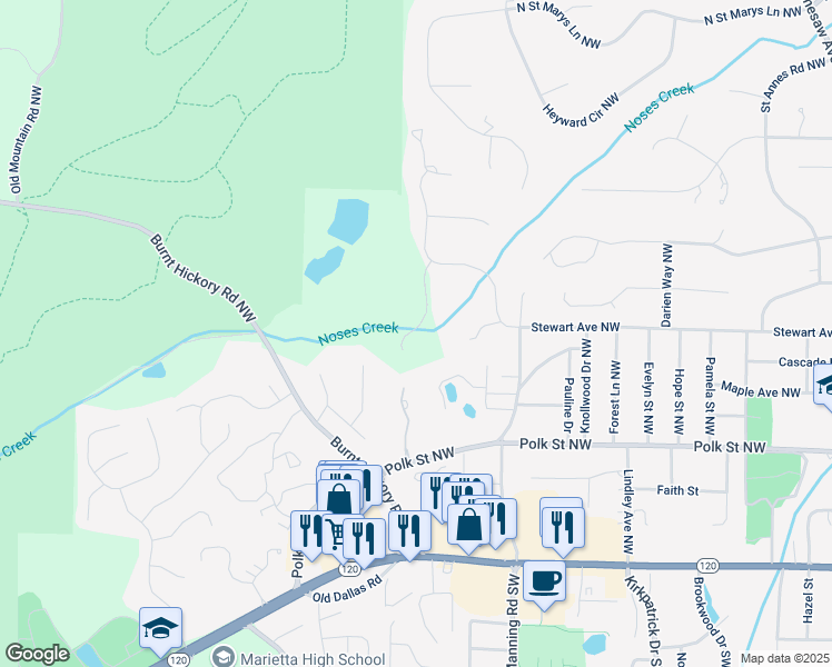 map of restaurants, bars, coffee shops, grocery stores, and more near 314 Anders Pth Northwest in Marietta