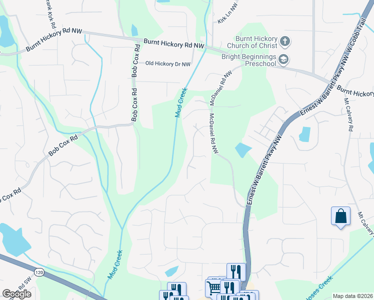 map of restaurants, bars, coffee shops, grocery stores, and more near 219 Rippling Drive Northwest in Marietta