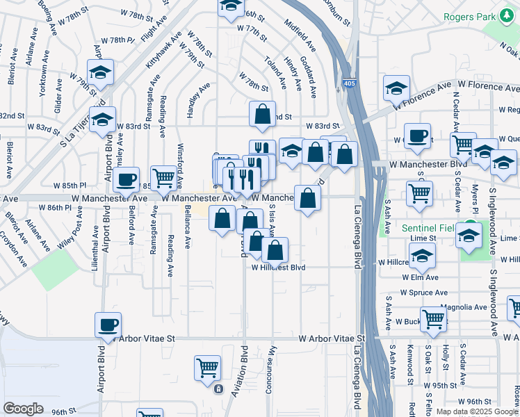 map of restaurants, bars, coffee shops, grocery stores, and more near in Inglewood