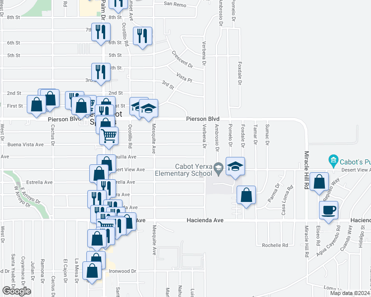 map of restaurants, bars, coffee shops, grocery stores, and more near 66895 Buena Vista Avenue in Desert Hot Springs
