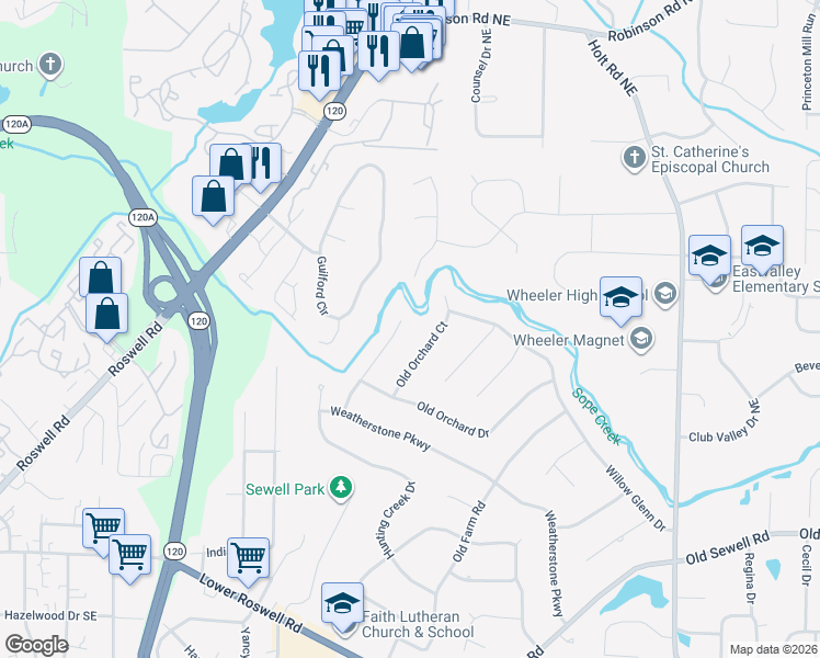 map of restaurants, bars, coffee shops, grocery stores, and more near 364 Weatherstone Lane in Marietta