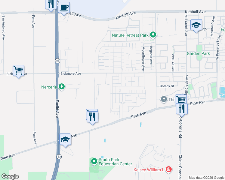 map of restaurants, bars, coffee shops, grocery stores, and more near 7497 Botany Street in Chino