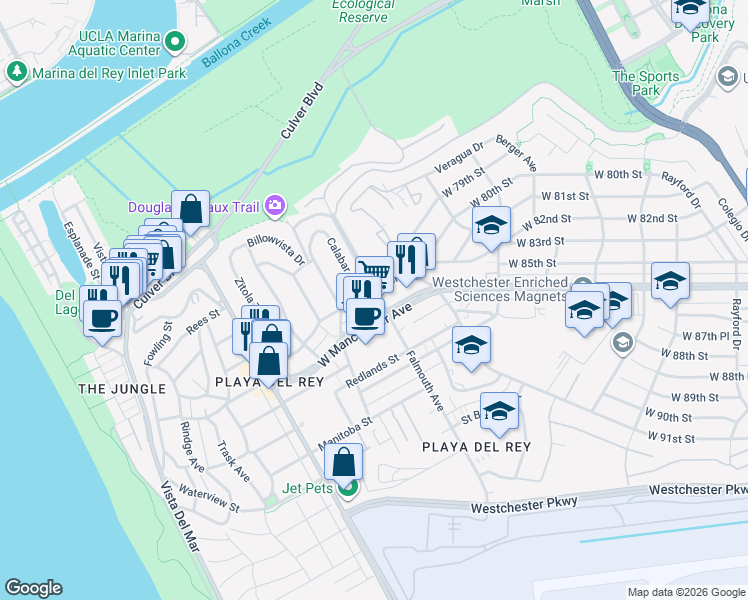 map of restaurants, bars, coffee shops, grocery stores, and more near 8234 Calabar Avenue in Los Angeles