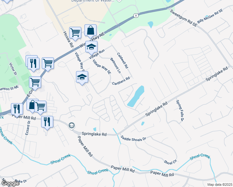 map of restaurants, bars, coffee shops, grocery stores, and more near 206 Village Way Southeast in Lawrenceville