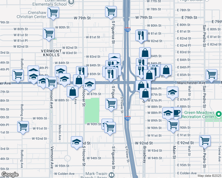 map of restaurants, bars, coffee shops, grocery stores, and more near 8627 South Figueroa Street in Los Angeles