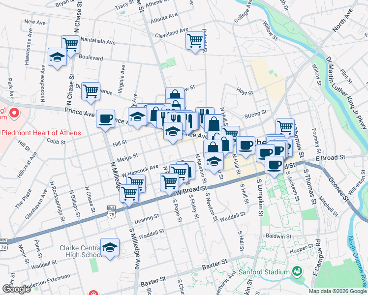 map of restaurants, bars, coffee shops, grocery stores, and more near 279 Meigs Street in Athens