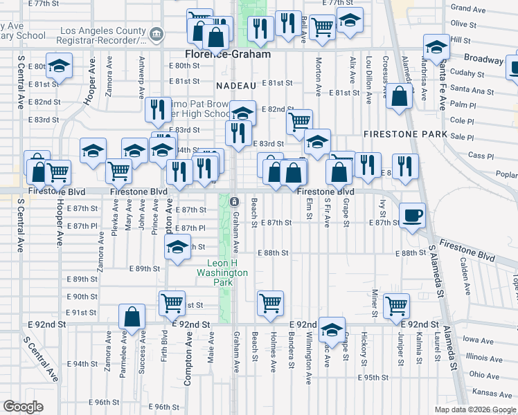 map of restaurants, bars, coffee shops, grocery stores, and more near 1754 Firestone Boulevard in Los Angeles